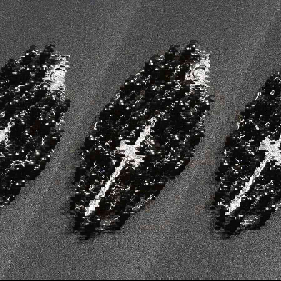 Women Faux Pearl Cross Pendant Long Beads Chains Rosary Necklace