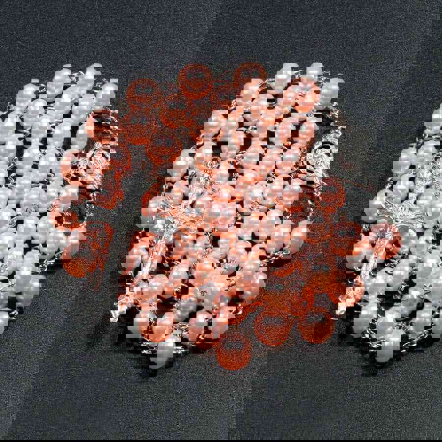 Women Faux Pearl Cross Pendant Long Beads Chains Rosary Necklace