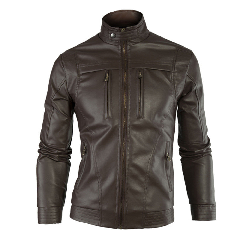 Men's Fashion Slim Fit Leather Jacket with Mandarin Collar