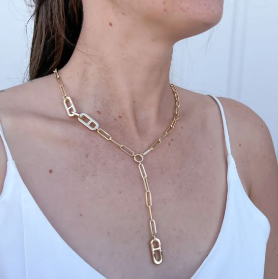 Genie Lariat Necklace - 14k Gold Plated Paperclip Chain with Mariner Links