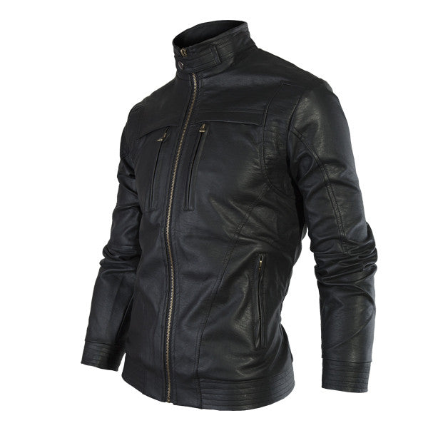 Men's Fashion Slim Fit Leather Jacket with Mandarin Collar