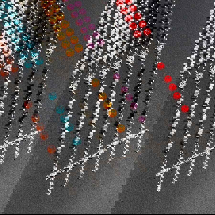 Women Faux Pearl Cross Pendant Long Beads Chains Rosary Necklace