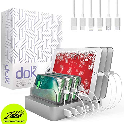 Hercules Tuff 6-Port USB Fast Charging Station with 6 Mixed Cables for Phones & Tablets, Silver