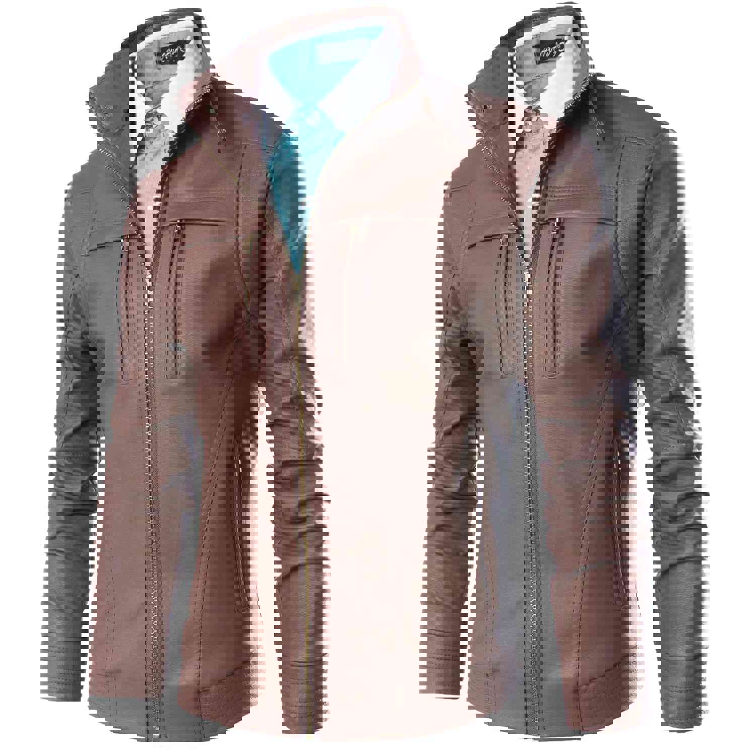 Men's Fashion Slim Fit Leather Jacket with Mandarin Collar