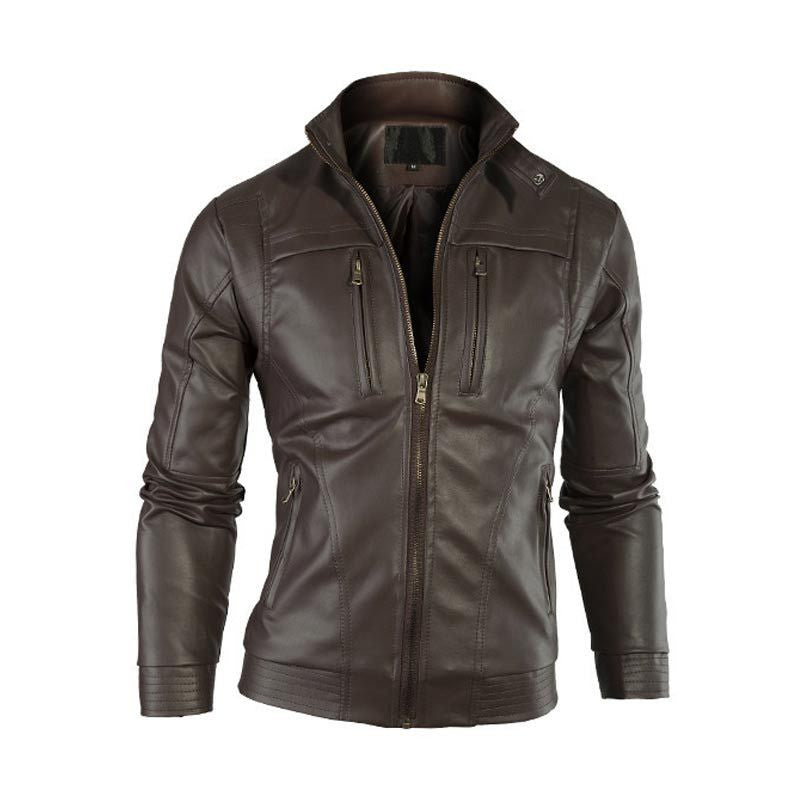Men's Fashion Slim Fit Leather Jacket with Mandarin Collar