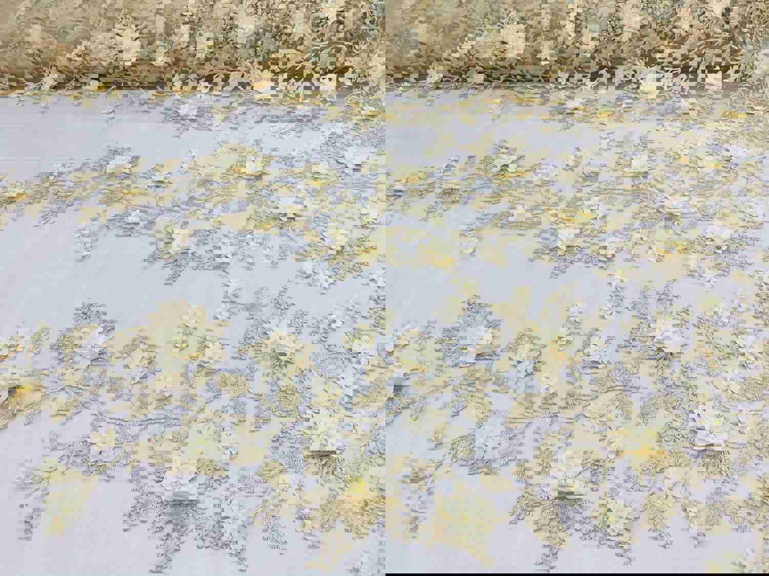 Lt Champagne Two Tone 3D Floral Embroidered Beaded Mesh Lace Fabric