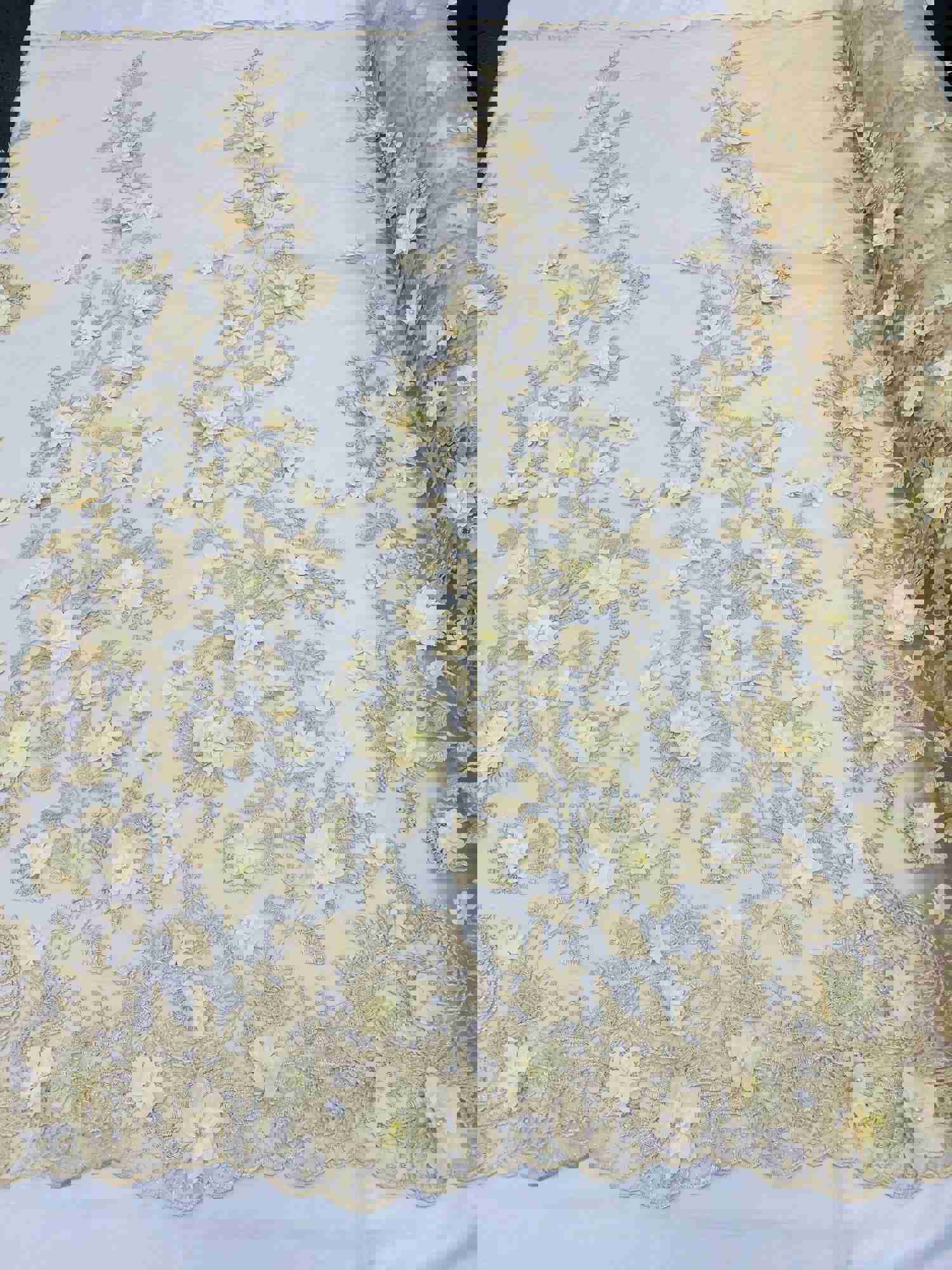Lt Champagne Two Tone 3D Floral Embroidered Beaded Mesh Lace Fabric