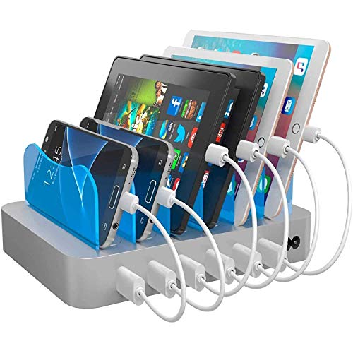 Hercules Tuff 6-Port USB Fast Charging Station with 6 Mixed Cables for Phones & Tablets, Silver
