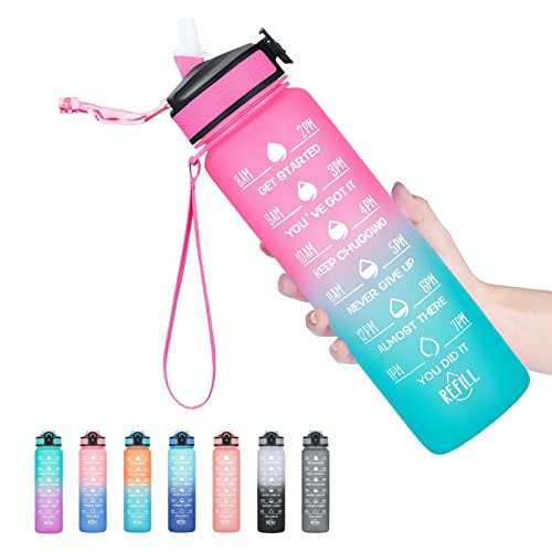 Hyeta 32 oz Motivational Water Bottle with Time Marker and Straw, Leakproof & BPA Free, Pink-Green