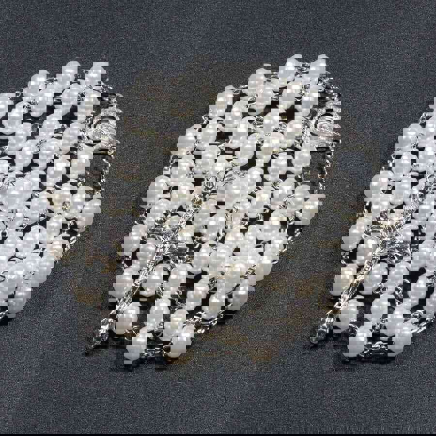 Women Faux Pearl Cross Pendant Long Beads Chains Rosary Necklace