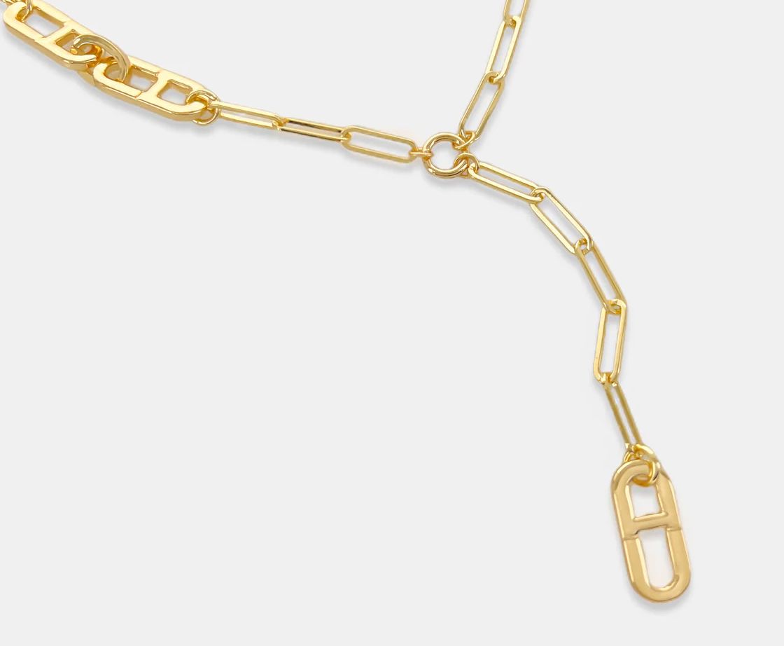 Genie Lariat Necklace - 14k Gold Plated Paperclip Chain with Mariner Links