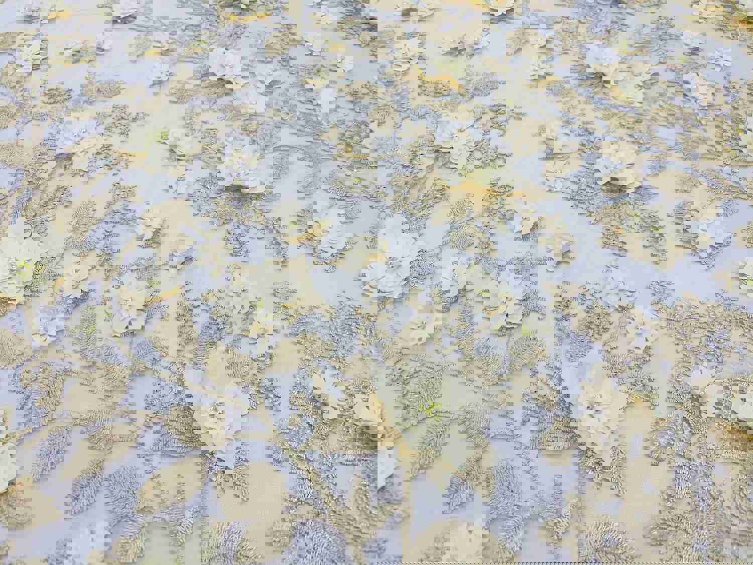 Lt Champagne Two Tone 3D Floral Embroidered Beaded Mesh Lace Fabric