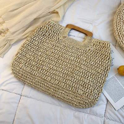 Lkblock Casual Rattan Large Capacity Tote for Women - Wicker Woven Wooden Handbag for Summer Beach