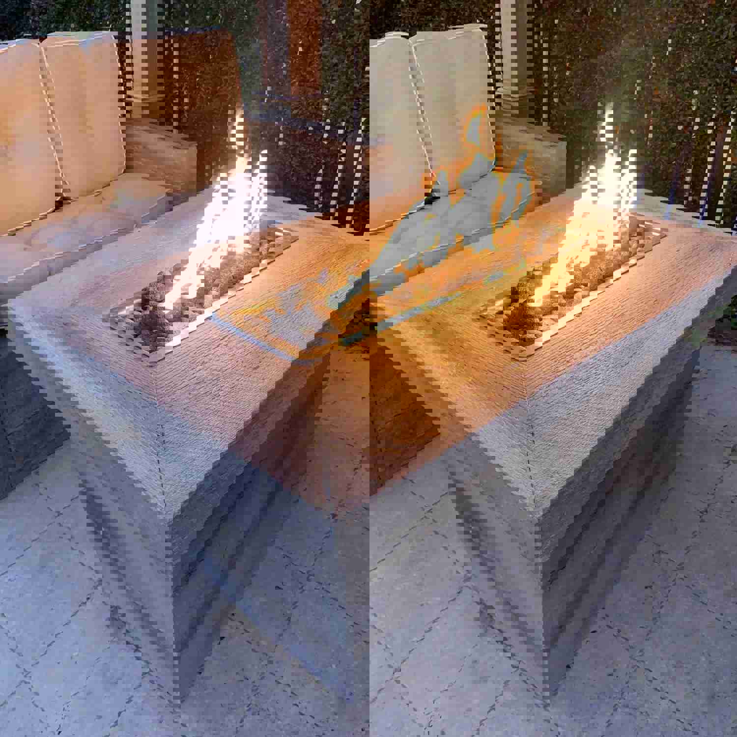 The Outdoor Plus Carson Rectangle 24 Tall Fire Pit in Woodgrain Concrete with Free Cover