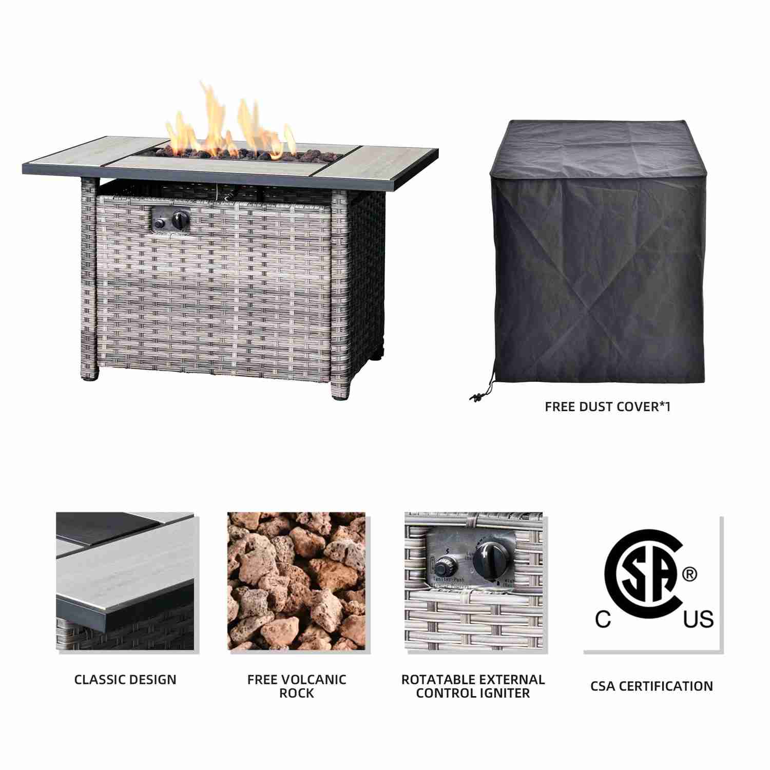 Ovios Rectangle Patio Propane Outdoor 42.12 Fire Pit Table with Lid