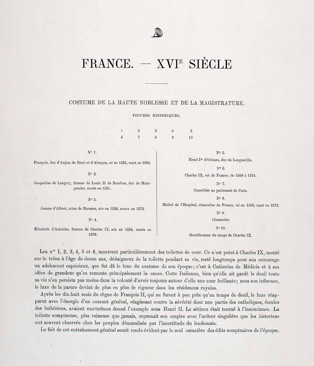 1888 Chromolithograph of 16th Century French Royalty Fashion