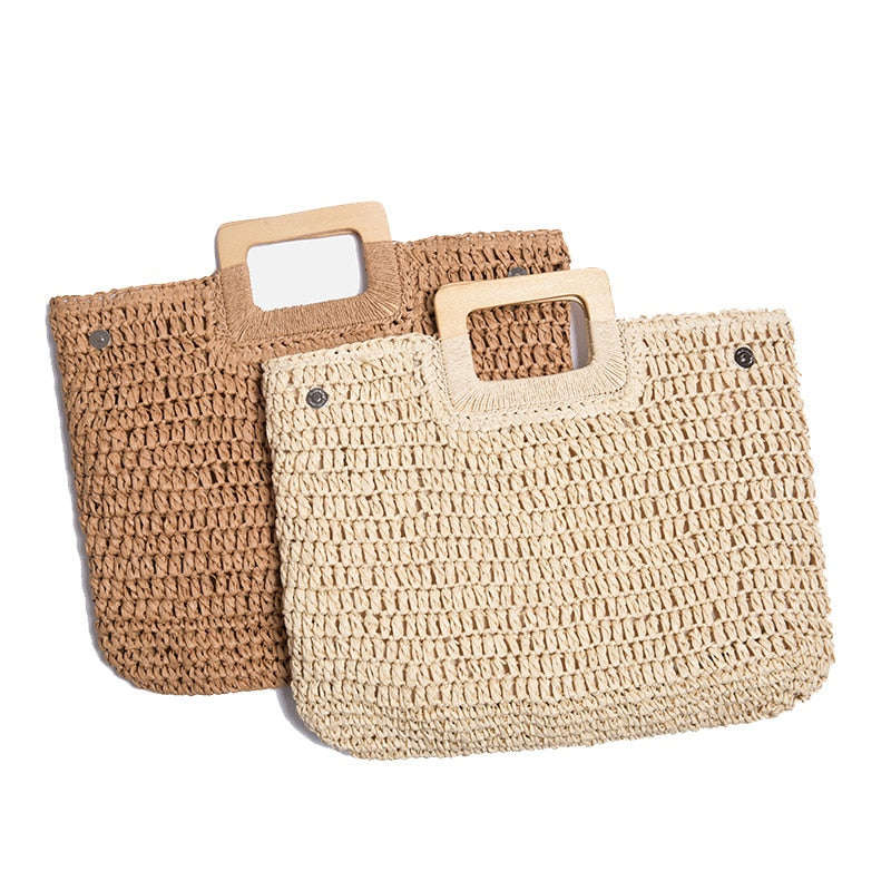 Lkblock Casual Rattan Large Capacity Tote for Women - Wicker Woven Wooden Handbag for Summer Beach
