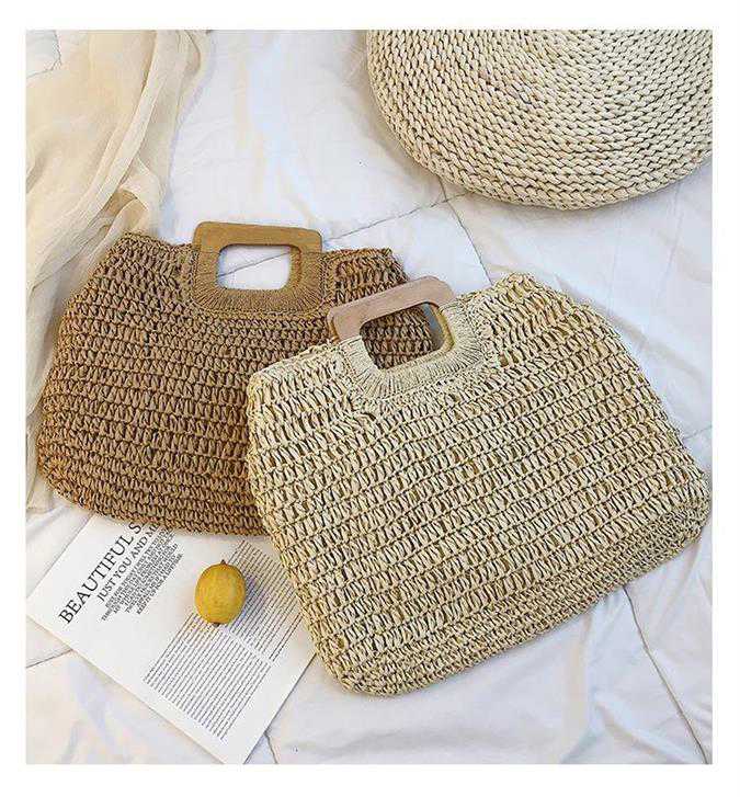 Lkblock Casual Rattan Large Capacity Tote for Women - Wicker Woven Wooden Handbag for Summer Beach