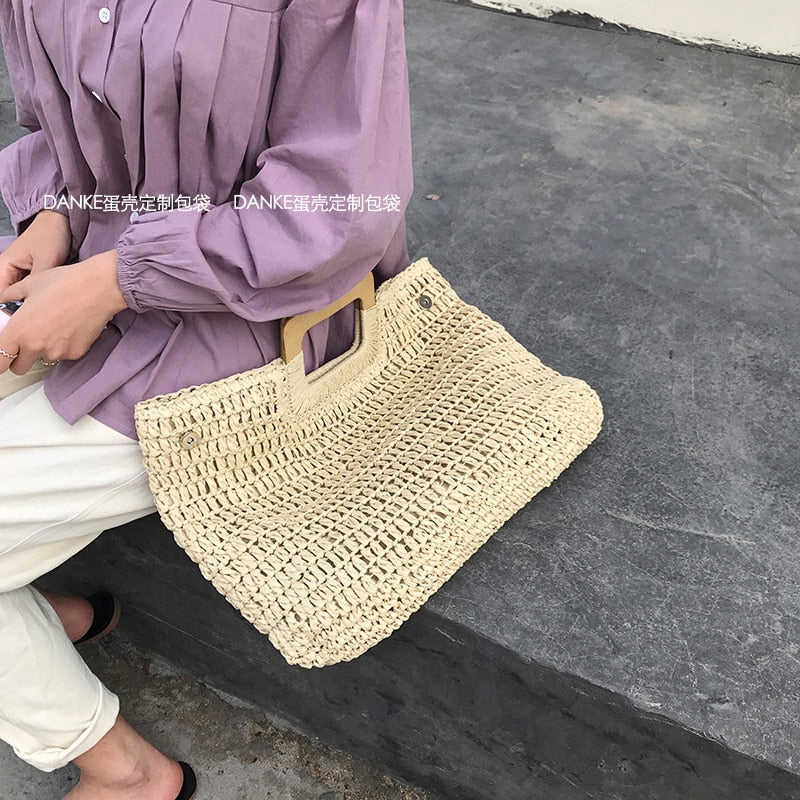 Lkblock Casual Rattan Large Capacity Tote for Women - Wicker Woven Wooden Handbag for Summer Beach