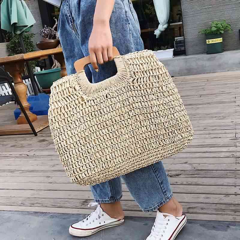 Lkblock Casual Rattan Large Capacity Tote for Women - Wicker Woven Wooden Handbag for Summer Beach
