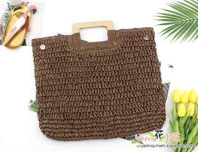 Lkblock Casual Rattan Large Capacity Tote for Women - Wicker Woven Wooden Handbag for Summer Beach