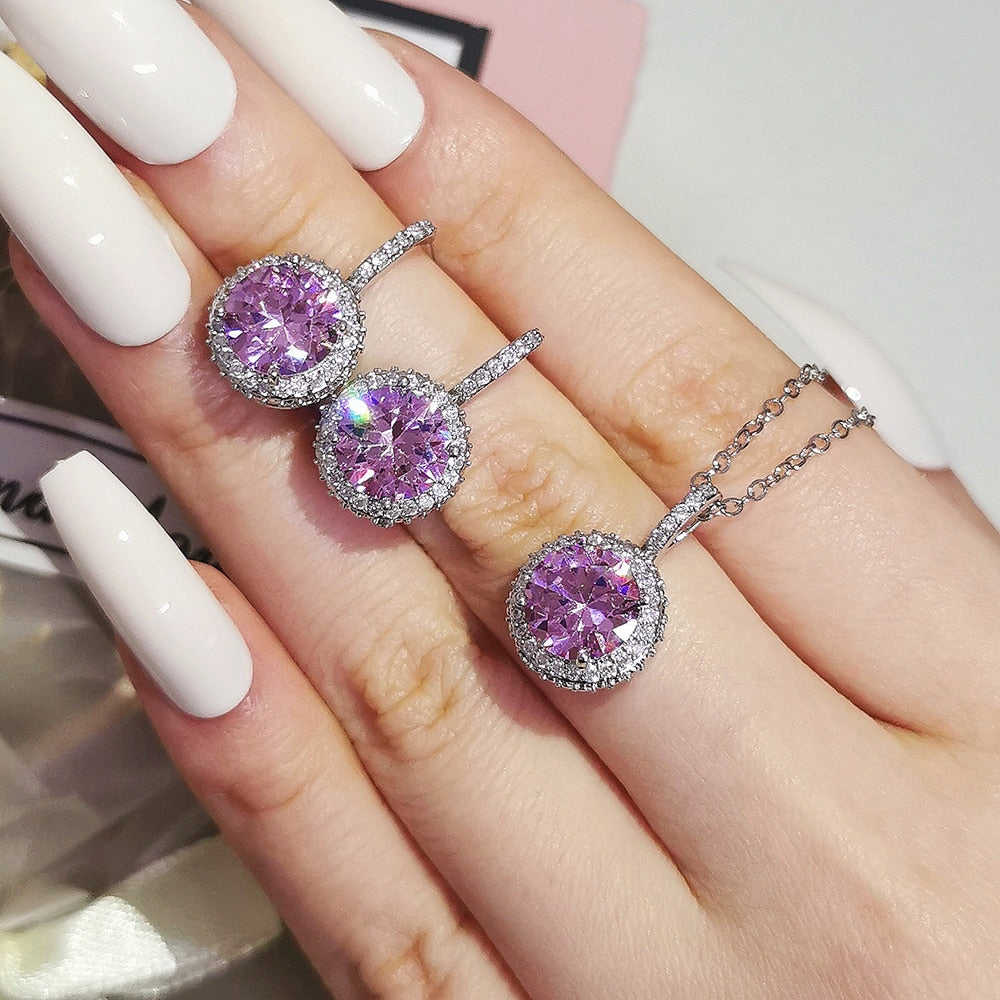 2pcs Silver Bride Jewelry Set - Halo Engagement Ring & Round Stud Earrings for Wedding Gift J7326