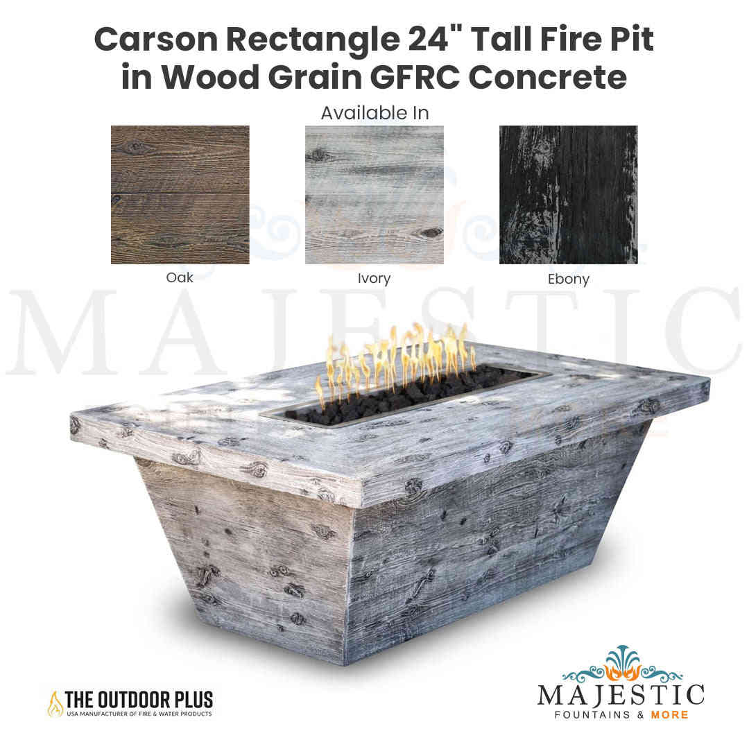 The Outdoor Plus Carson Rectangle 24 Tall Fire Pit in Woodgrain Concrete with Free Cover