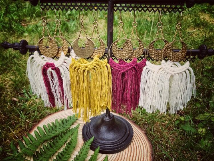 Crescent Moon Earrings - Moon White with Wine Red