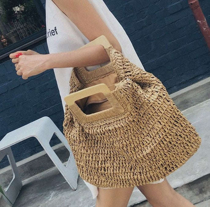 Lkblock Casual Rattan Large Capacity Tote for Women - Wicker Woven Wooden Handbag for Summer Beach