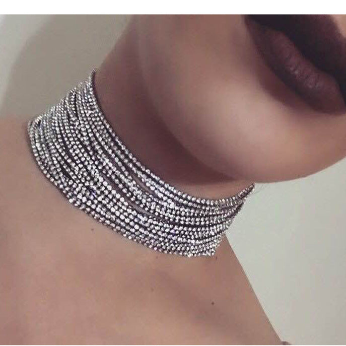Layered Rhinestone Choker Maxi Statement Necklace - Trendy Sparkly Fashion Jewelry for Women