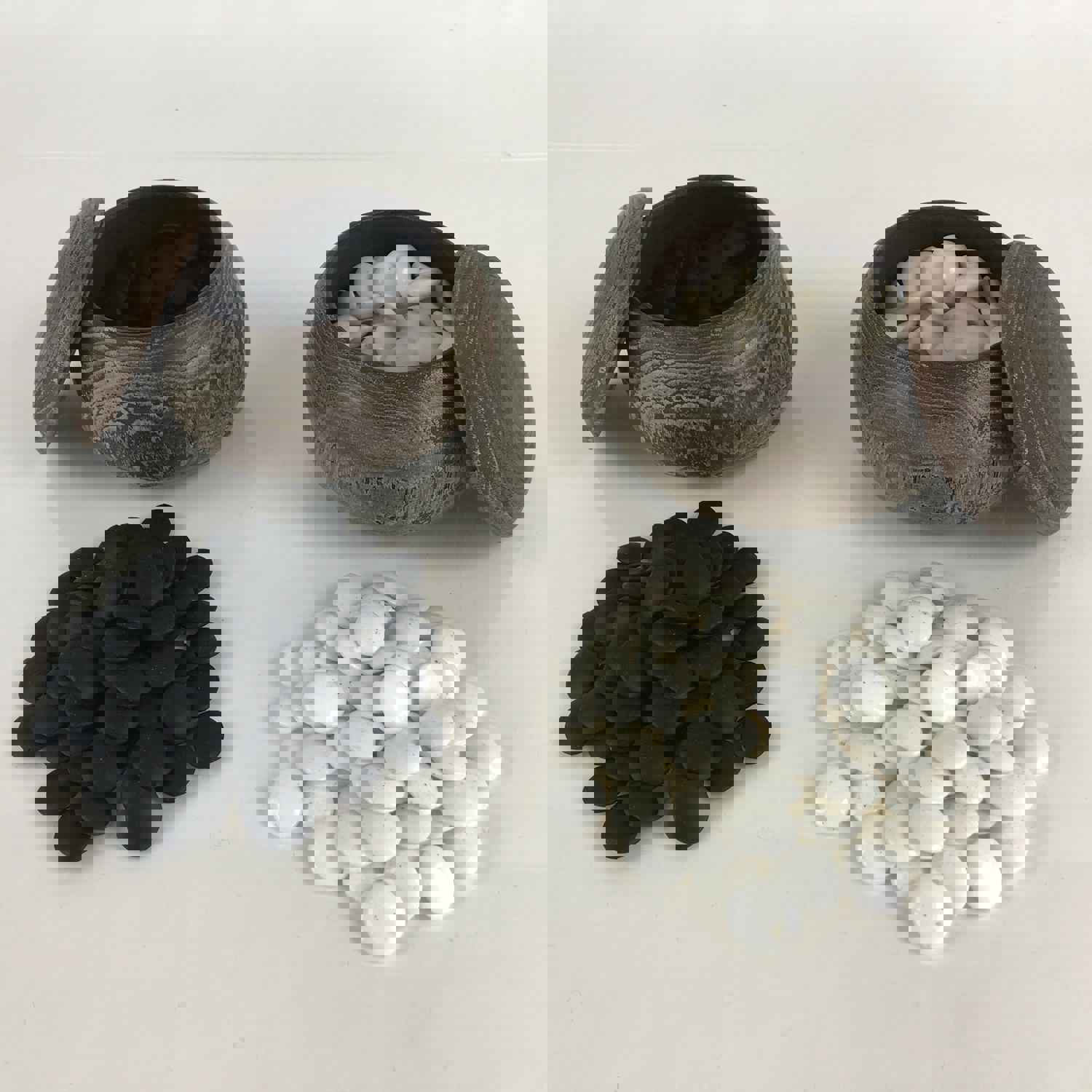 Vintage Japanese Go Stone Goishi Game Piece Complete Set with Wood Bowls