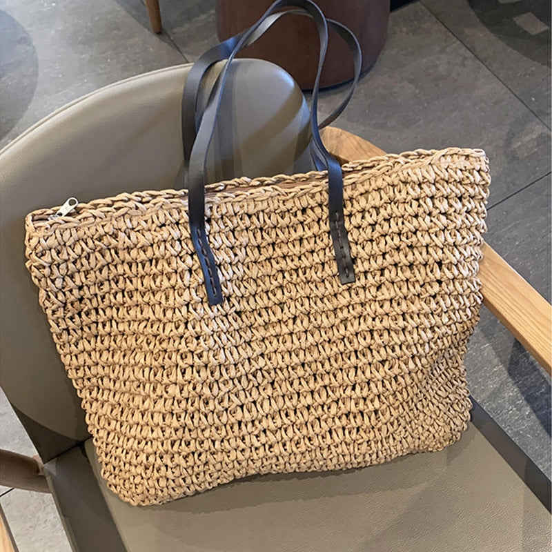 Lkblock Casual Rattan Large Capacity Tote for Women - Wicker Woven Wooden Handbag for Summer Beach
