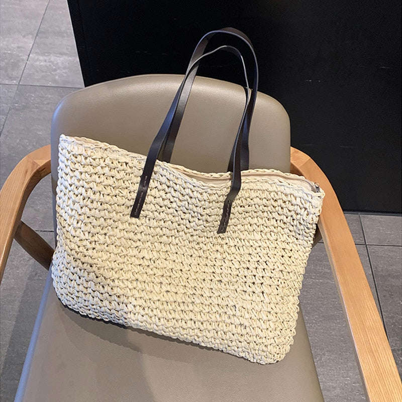 Lkblock Casual Rattan Large Capacity Tote for Women - Wicker Woven Wooden Handbag for Summer Beach