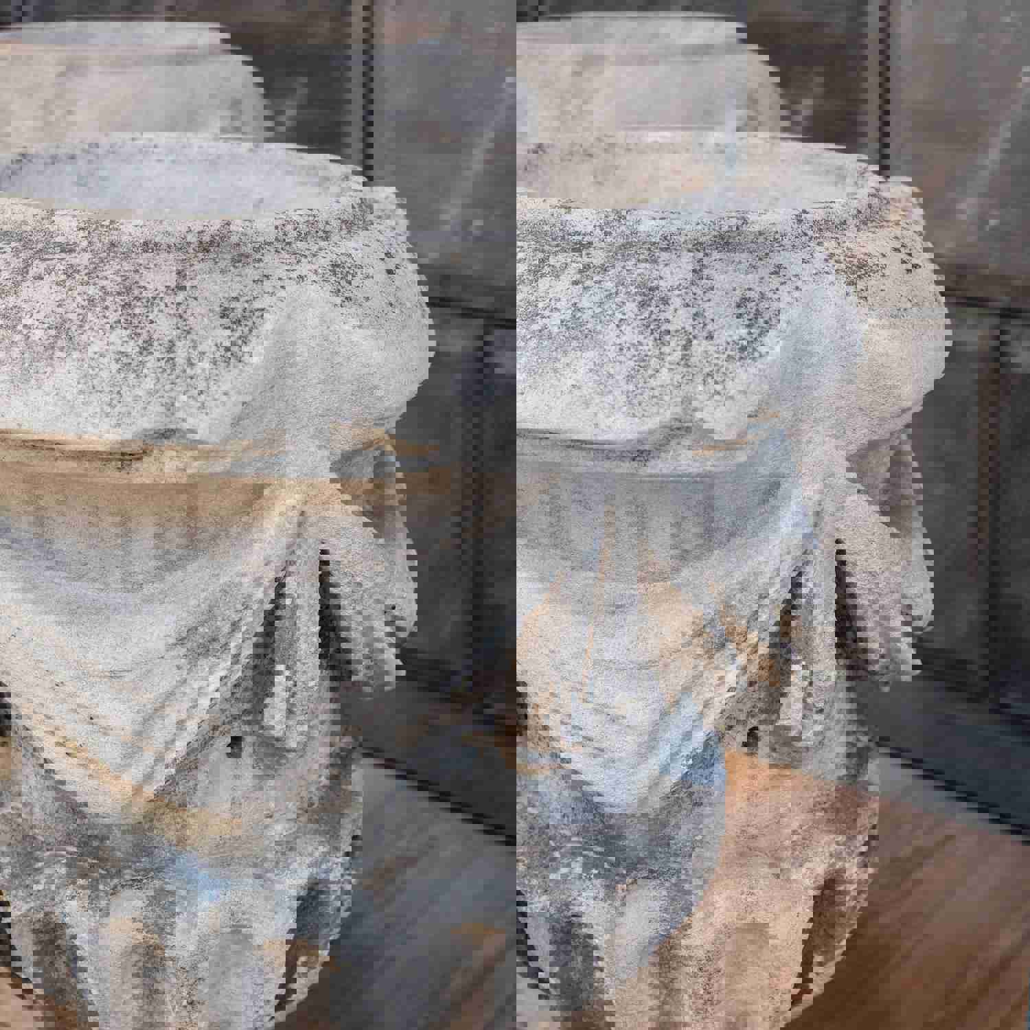 Pair of 18th Century Carved Limestone Garden Urns with Draped Swags and Fluted Bowls