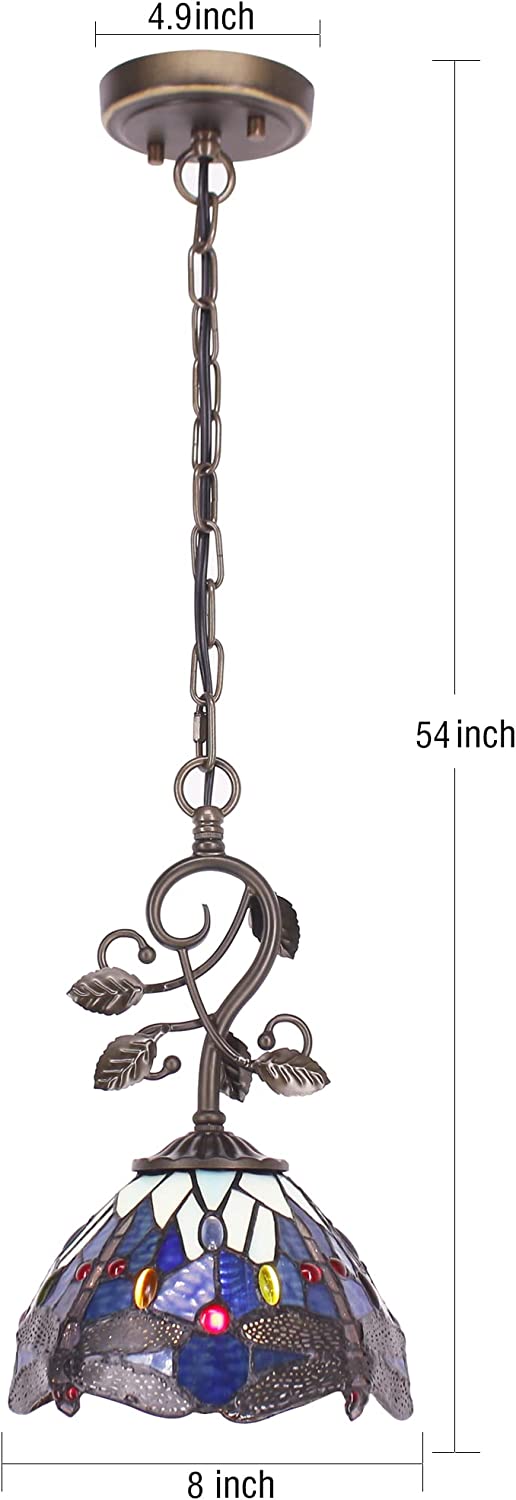 Werfactory® Tiffany Pendant Light Blue Stained Glass Dragonfly Hanging Lamp
