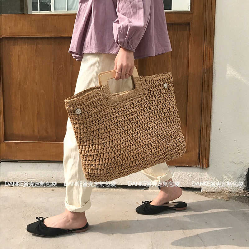 Lkblock Casual Rattan Large Capacity Tote for Women - Wicker Woven Wooden Handbag for Summer Beach