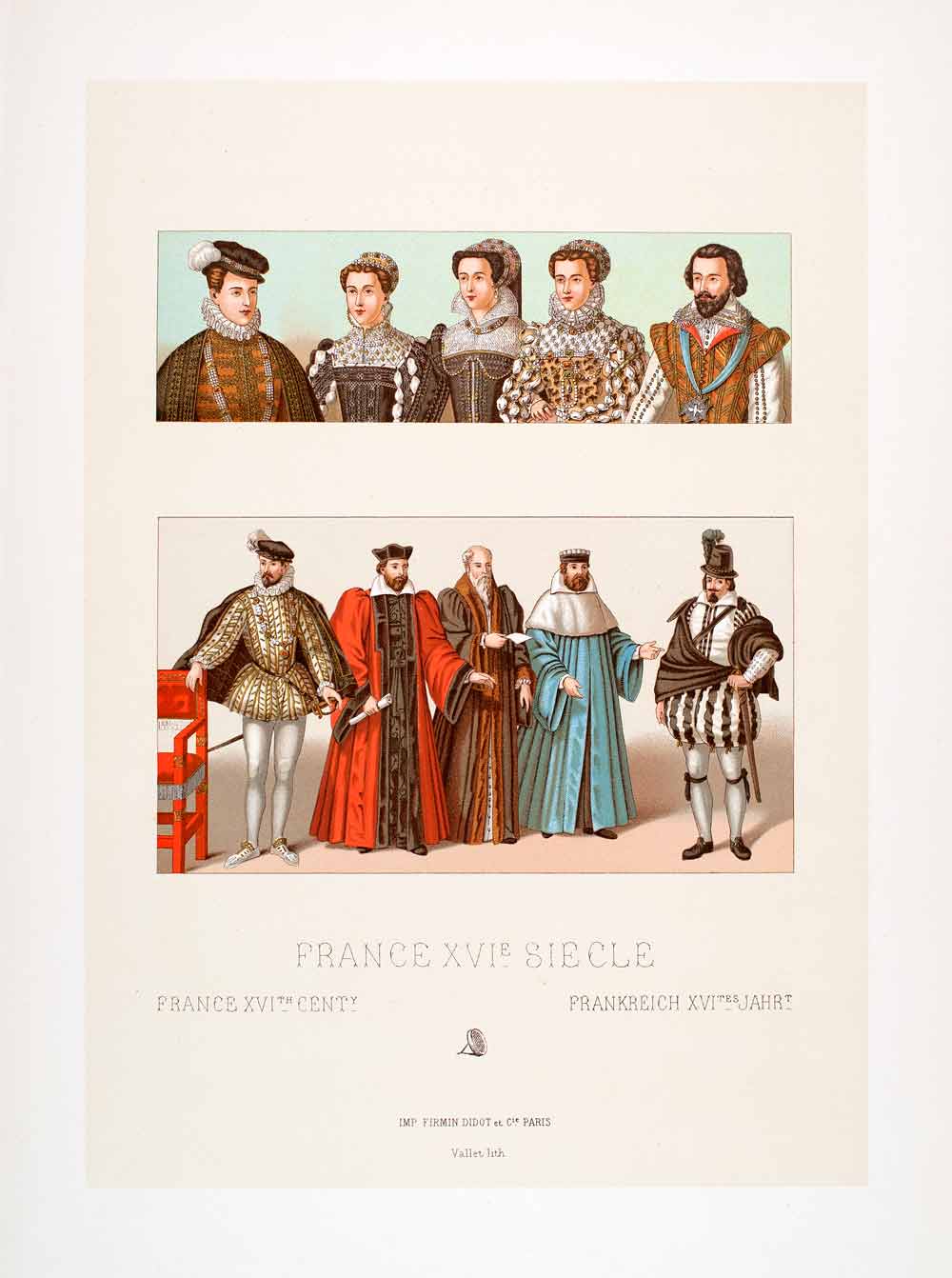1888 Chromolithograph of 16th Century French Royalty Fashion