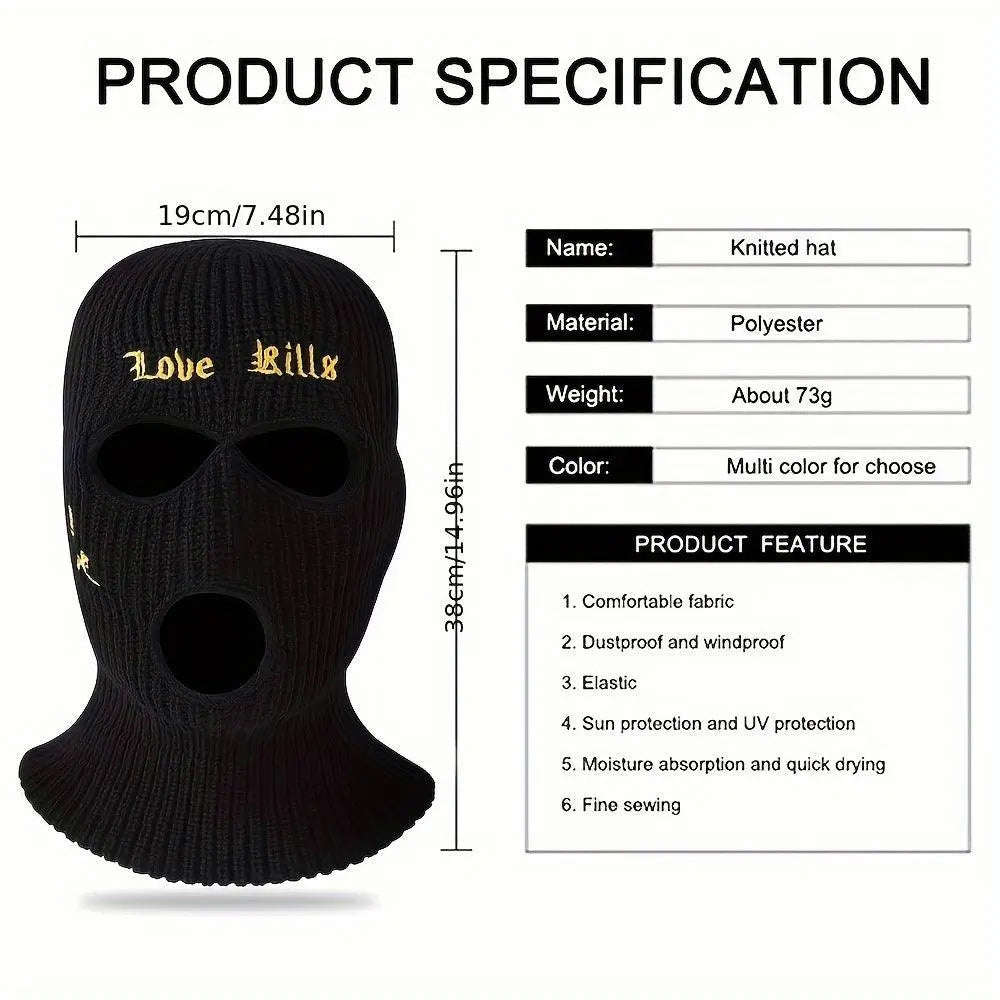 1pc Rose And Letter Embroidery Balaclava Knitted Full Face Cover - Windproof Neck Warmer For Cycling, Skiing, And Outdoor Activities - Unisex