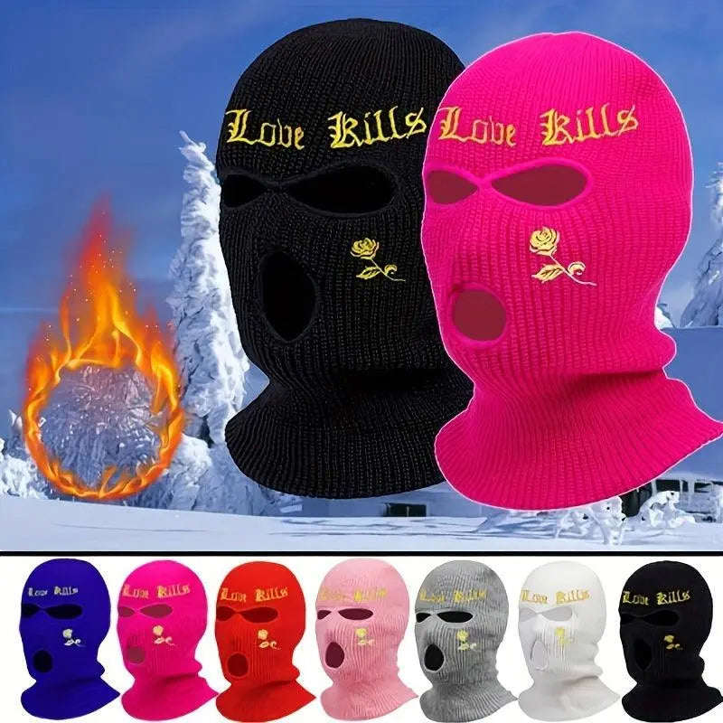 1pc Rose And Letter Embroidery Balaclava Knitted Full Face Cover - Windproof Neck Warmer For Cycling, Skiing, And Outdoor Activities - Unisex