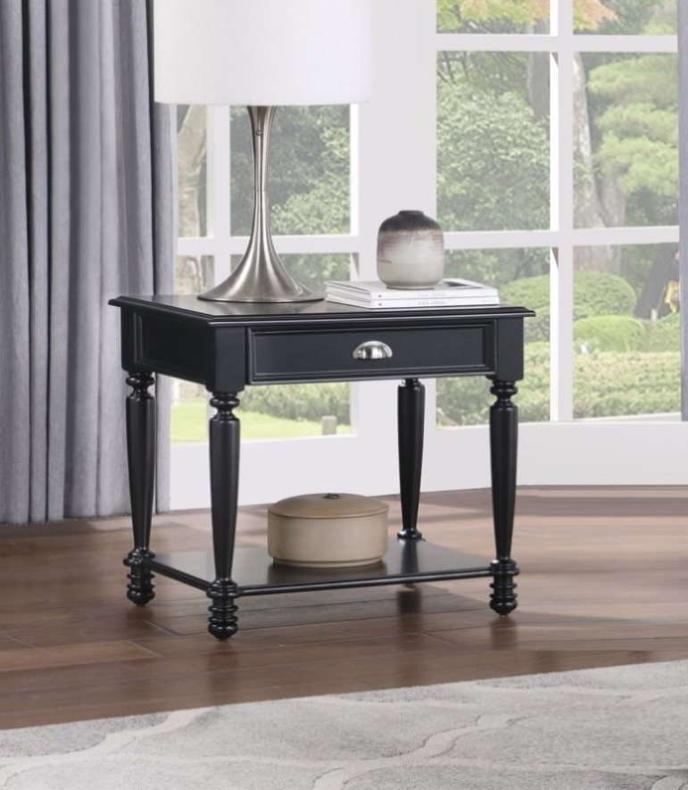ZUN Classic Design Black Finish End Table with Drawer and Bottom Shelf
