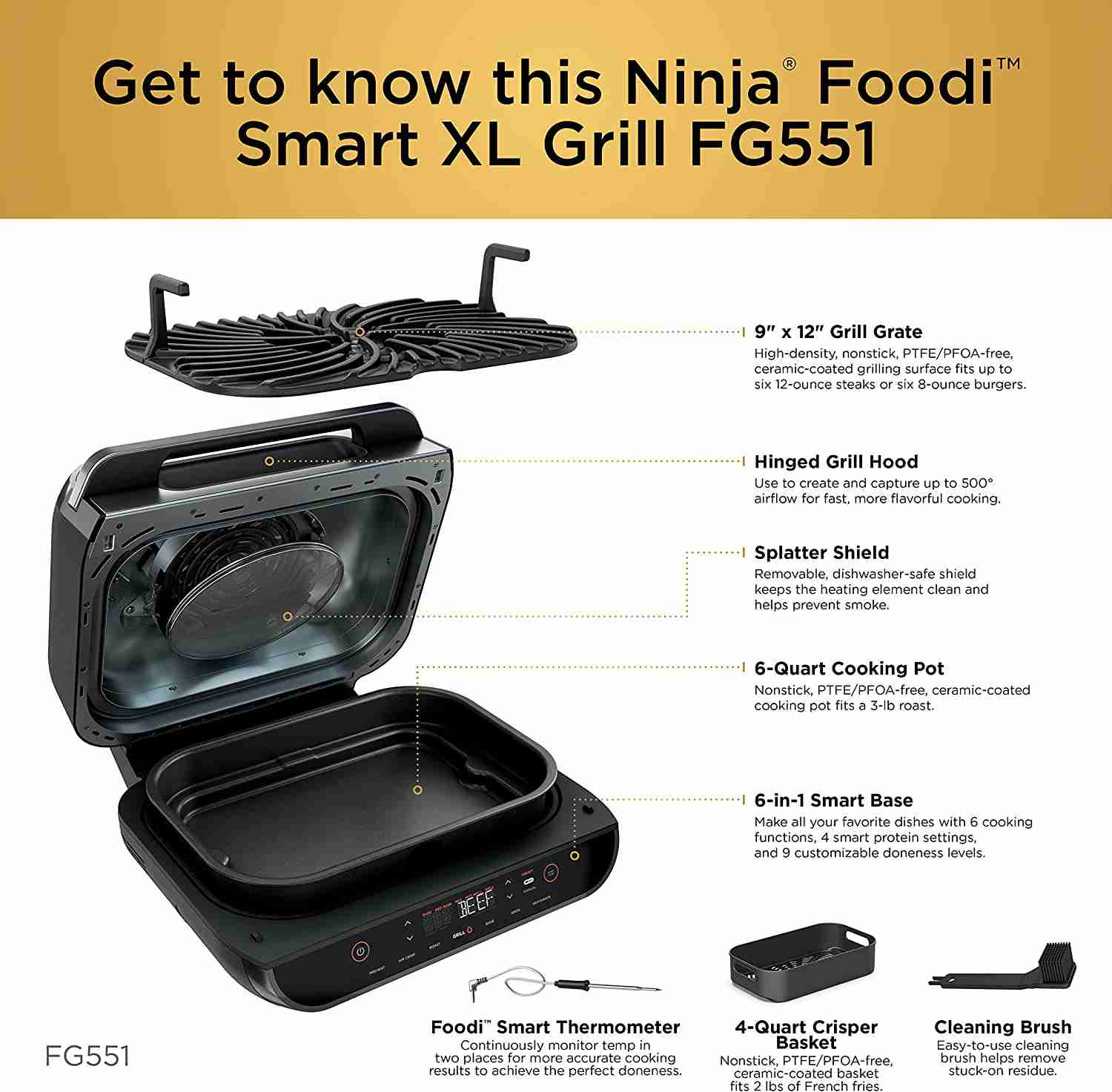 Ninja FG551 Foodi Smart XL 6-in-1 Indoor Grill with Air Fryer, Roast, Bake, Dehydrate, and Broil Functions