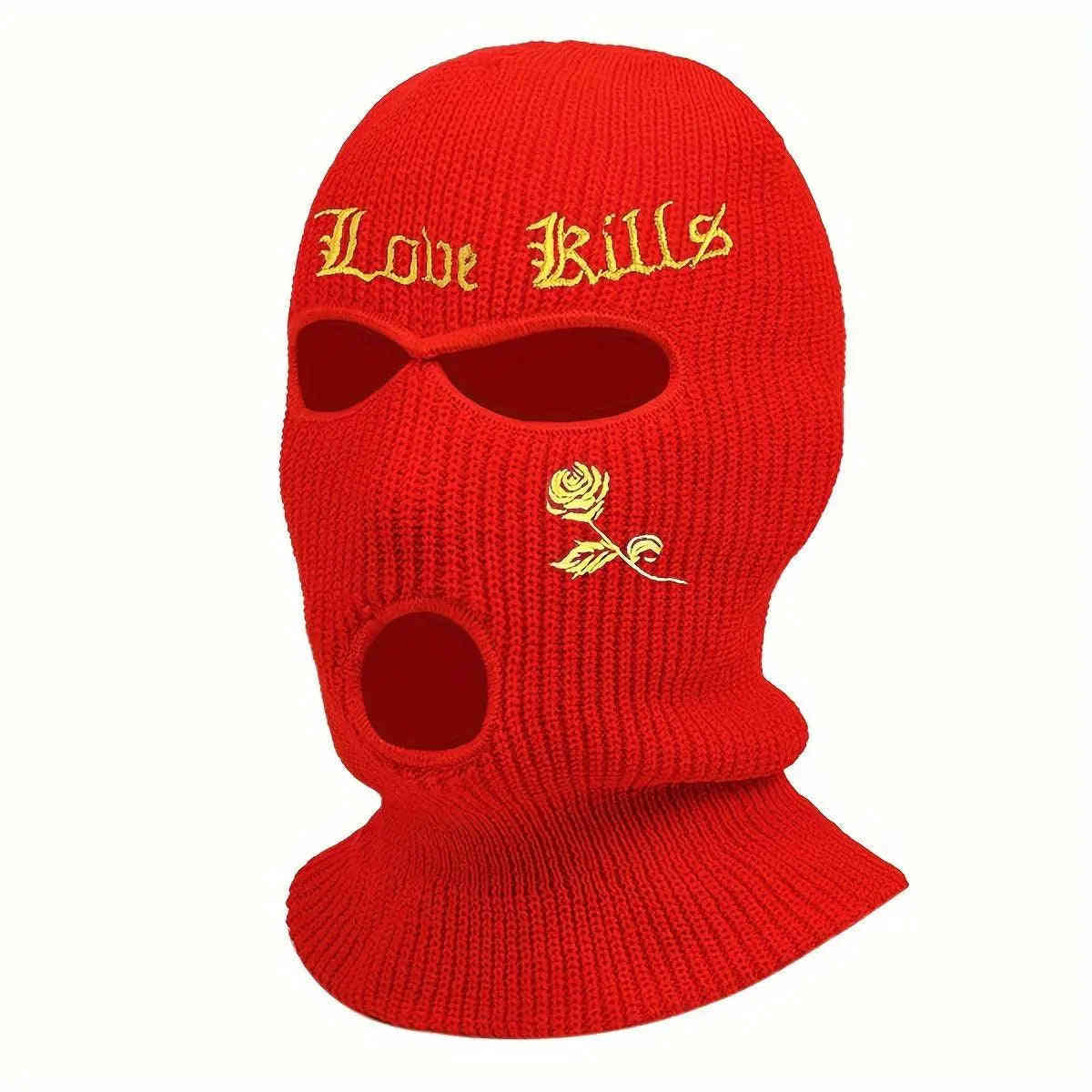 1pc Rose And Letter Embroidery Balaclava Knitted Full Face Cover - Windproof Neck Warmer For Cycling, Skiing, And Outdoor Activities - Unisex