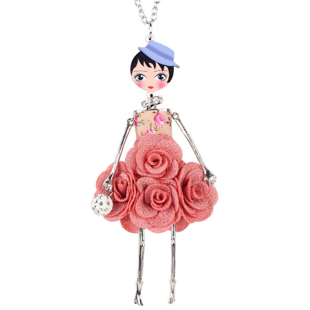 Bonsny Statement Flower Doll Necklace - Handmade French Doll Pendant Fashion Jewelry for Women