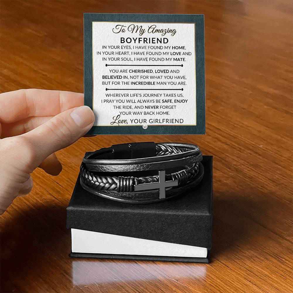 Romantic Mens Braided Leather Bracelet with Cross - Perfect Gift for Boyfriend