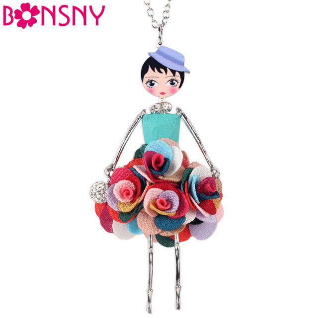 Bonsny Statement Flower Doll Necklace - Handmade French Doll Pendant Fashion Jewelry for Women