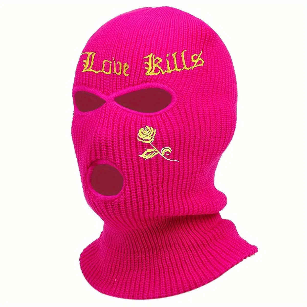 1pc Rose And Letter Embroidery Balaclava Knitted Full Face Cover - Windproof Neck Warmer For Cycling, Skiing, And Outdoor Activities - Unisex