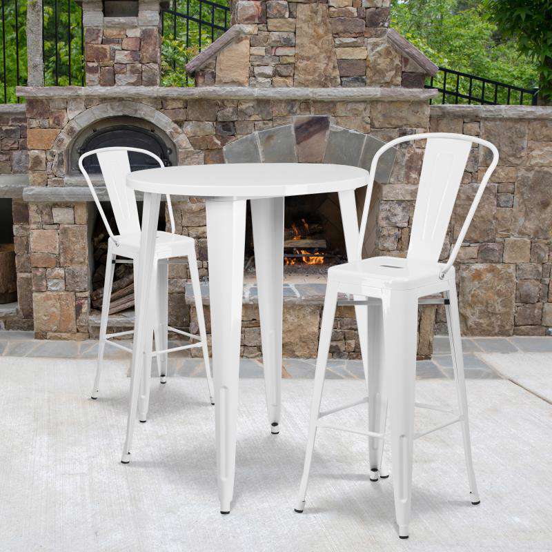 Flash Furniture Caron 30" Round White Metal Indoor-Outdoor Bar Table Set with 2 Cafe Stools