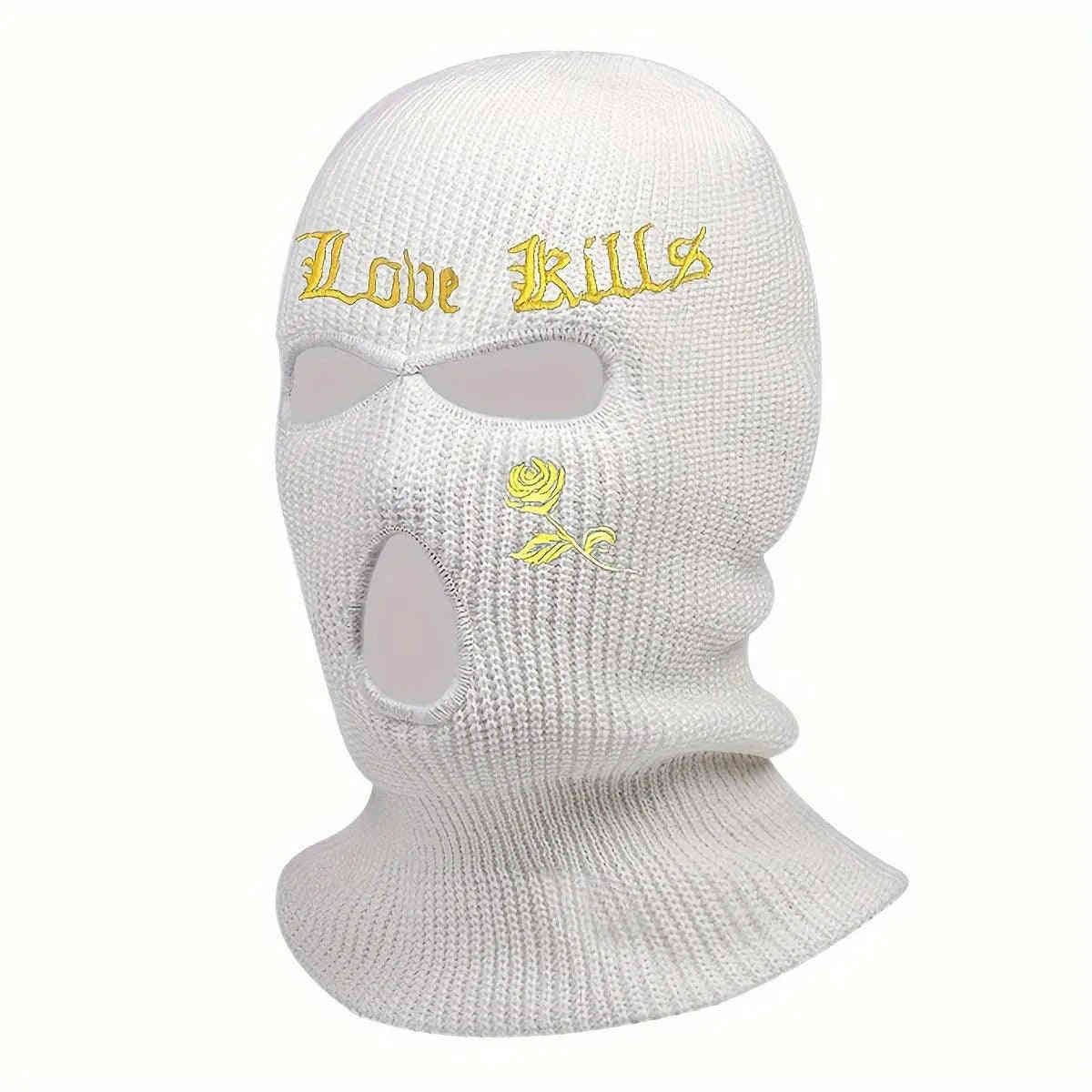 1pc Rose And Letter Embroidery Balaclava Knitted Full Face Cover - Windproof Neck Warmer For Cycling, Skiing, And Outdoor Activities - Unisex