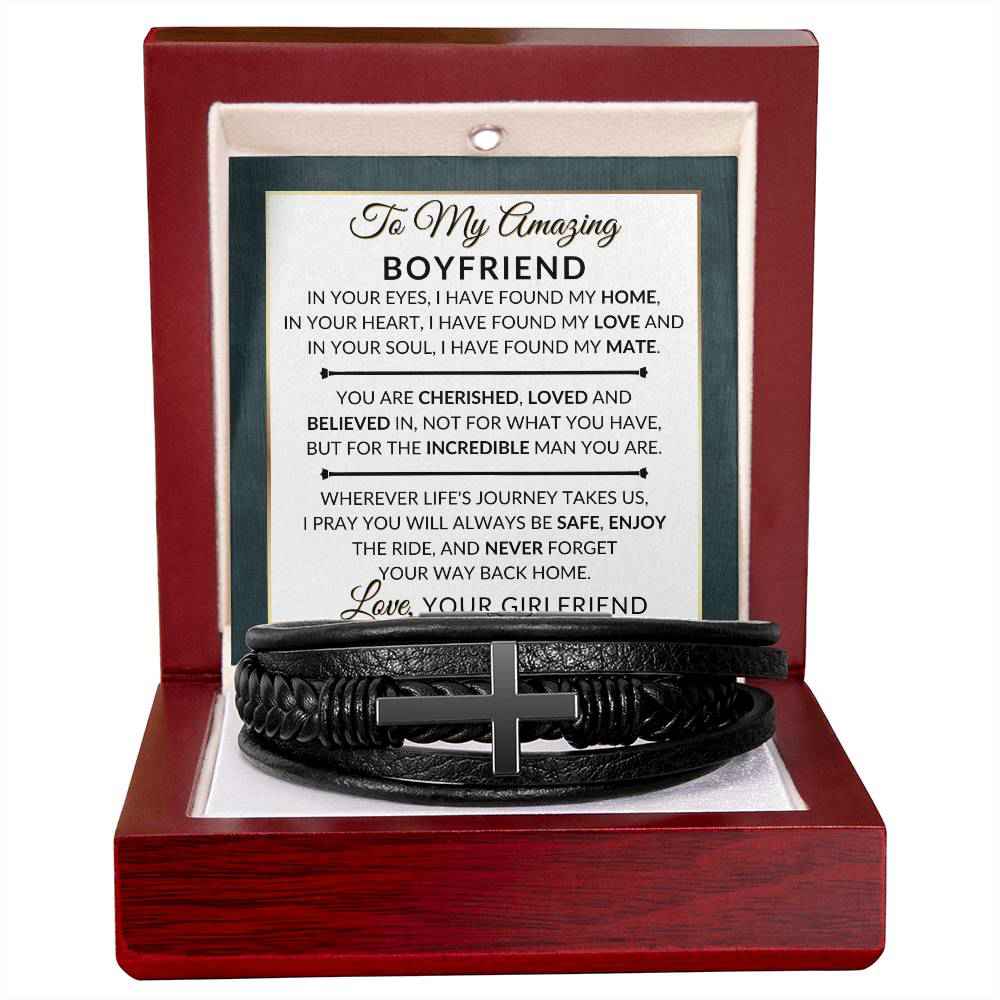 Romantic Mens Braided Leather Bracelet with Cross - Perfect Gift for Boyfriend