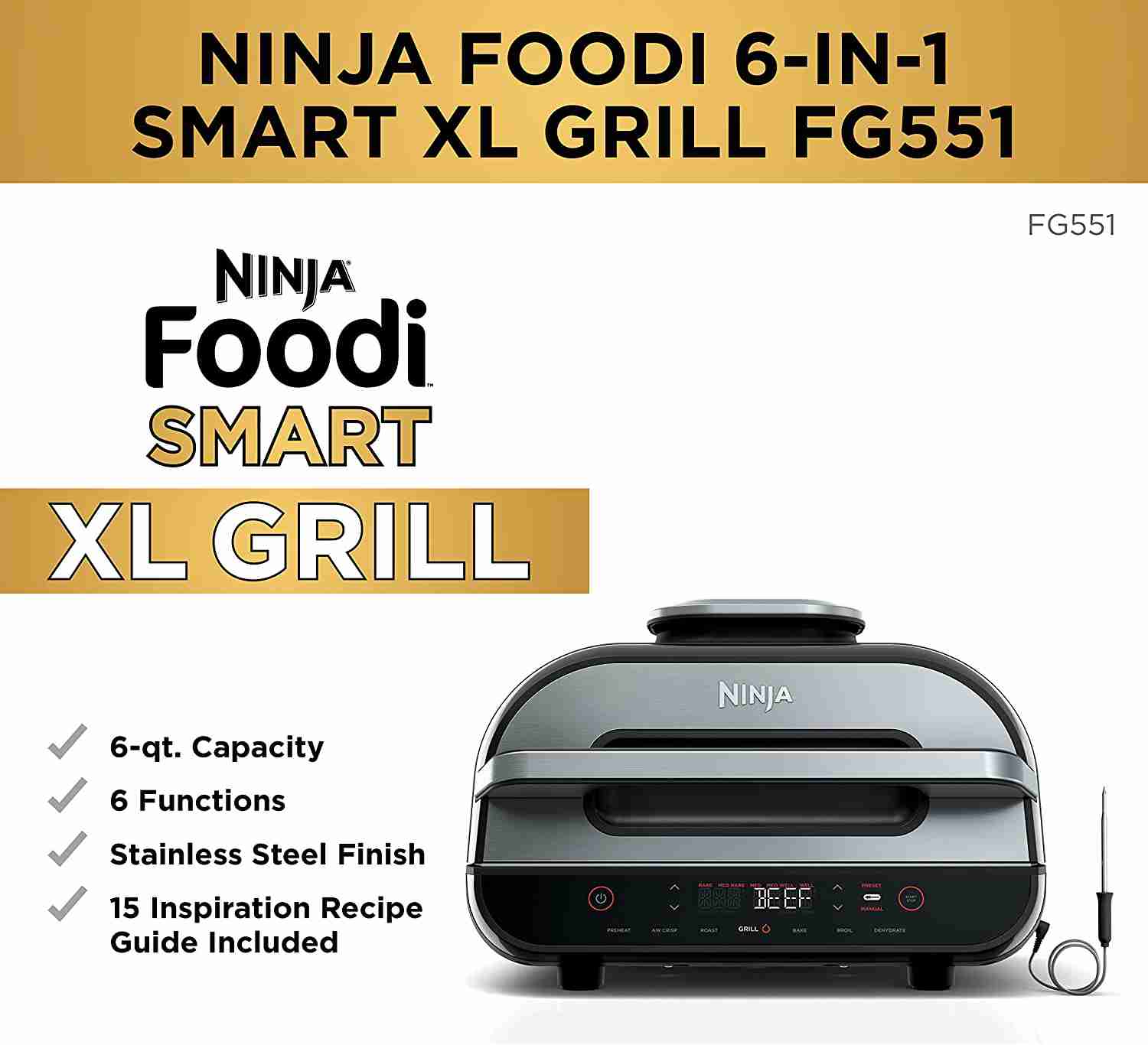 Ninja FG551 Foodi Smart XL 6-in-1 Indoor Grill with Air Fryer, Roast, Bake, Dehydrate, and Broil Functions